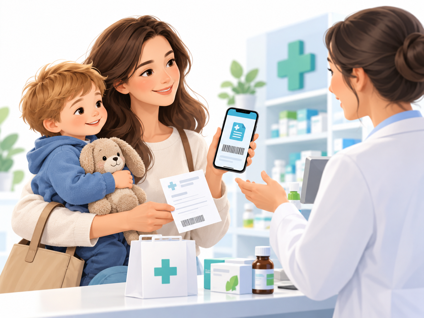 Rodzic z dzieckiem realizuje e-receptę w aptece, pokazując farmaceutce informację o recepcie na telefonie